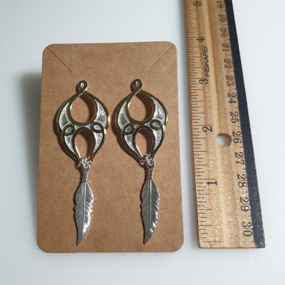 Gold Silver Drop Earrings Feather Dangle Design Stud Boho Chic Pierced Jewelry - Picture 3 of 4